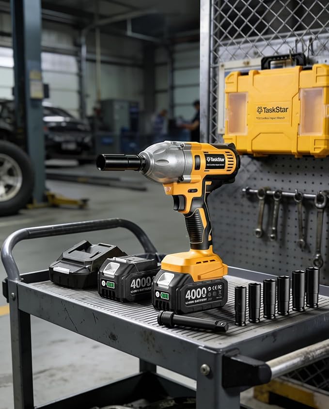 1/2" Cordless Impact Wrench, 1400N·m(1032ft・lbs) Brushless High Torque Impact Gun, Electric Impact Driver, 2x4.0Ah Batteries, LED Light, Charger, 6 Sockets, 3 Variable Speeds for Car/ Pickup/Mower