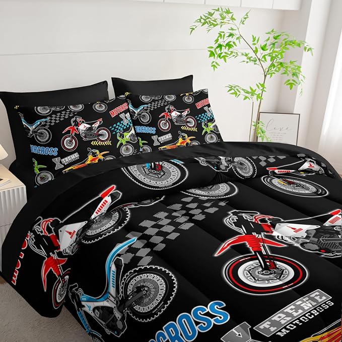 Dirt Bike Comforter Set King Size for Kids,Various Motocross Printed Sheet Set for Boys Teens Room Decor,7Pcs Extreme Sports Themed Bedding with Comforter,Fitted Sheet,Flat Sheet,Pillowcases.