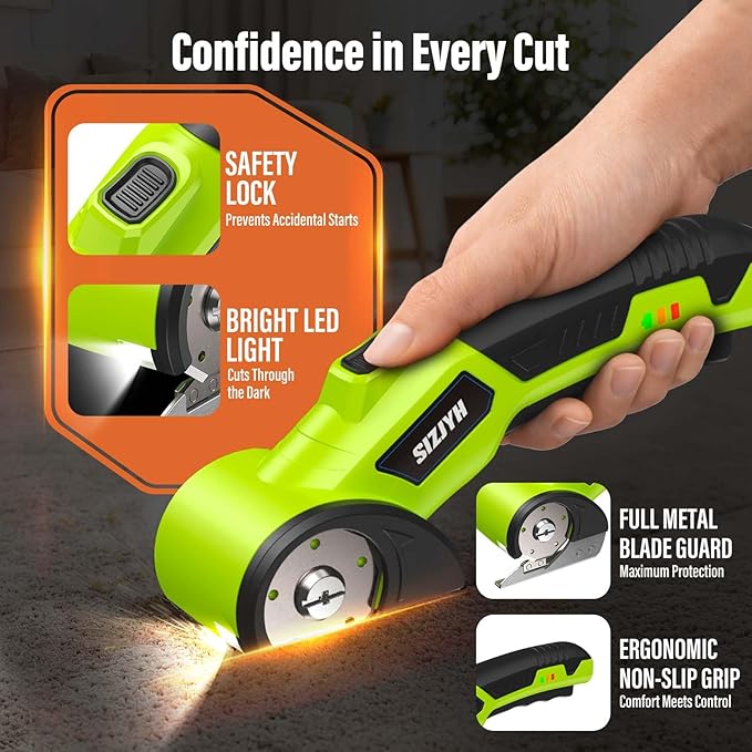 2026 Upgrade Cordless Electric Scissors with 3 Tungsten Steel Blades, 2500mAh Battery, LED Light, High-Torque Motor, Cardboard Cutter for Fabric, Cardboard, Leather, Carpet, Wire Rope Cutters (Green)