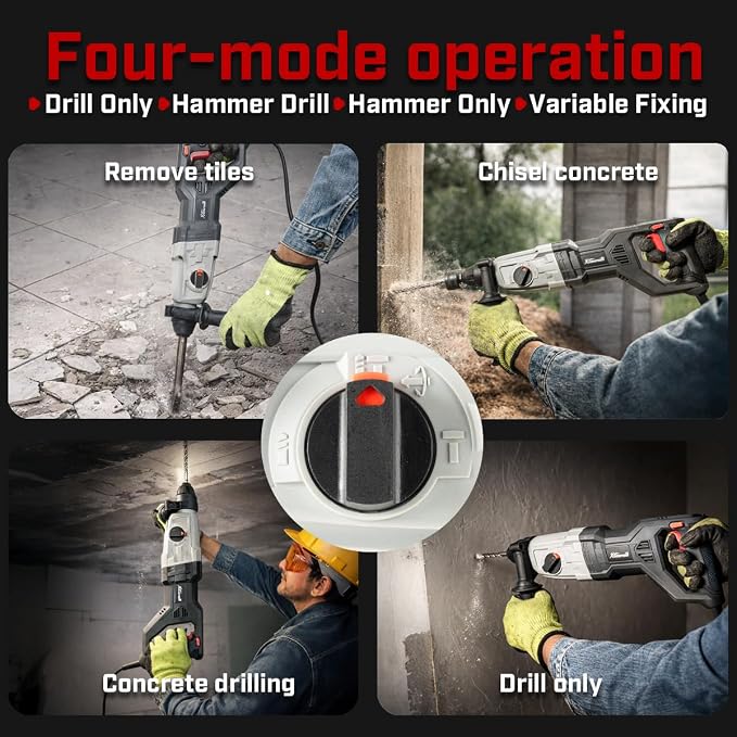 XtremepowerUS 800W SDS-Plus Electric Rotary Hammer Drill Demolition Chiseling & Drilling Bits Set 4 Functions Corded Variable Speed for Concrete, Includes 3 Drill Bits, 2 Chisels, Case