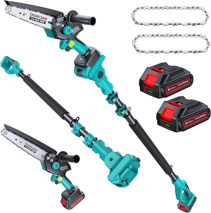 Pole Saws for Tree Trimming, 6" Brushless Mini Chainsaw Cordless with Extension Pole 2 Batteries, Electric Hand Held Chain Saw & Pole Pruner for Trimming Tree Limbs, Gardening Gifts for Mother's Day