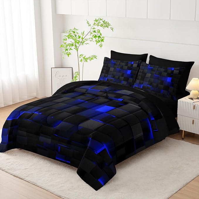 Nttopship Geometric Blue Black Full Comforter Set,Light Honeycomb Bedding Set 7 Piece in A Bag,Bed Sheet Set Geometry Decor,Microfiber Lightweight All Season