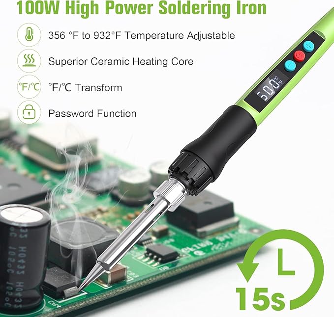 Soldering Iron Kit, 100W LED Digital Solder Gun kits with Ceramic Heater, Adjustable Temperature Welding Tools with Tips, Wick Braid, Stand, Solders Wire, Sponge, Flux Paste