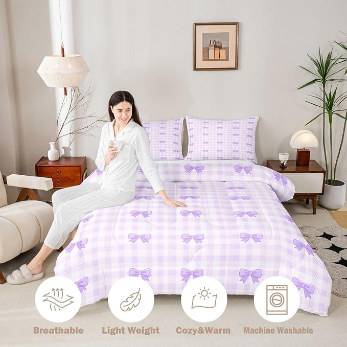Feelyou Purple Bow Checkered Kids Comforter Set Queen Size Chic Grid Bowknot Bedding Set Girly Duvet Quilt for Kids Boys Girls Bedroom Decor Microfiber Ultra Soft Breathable