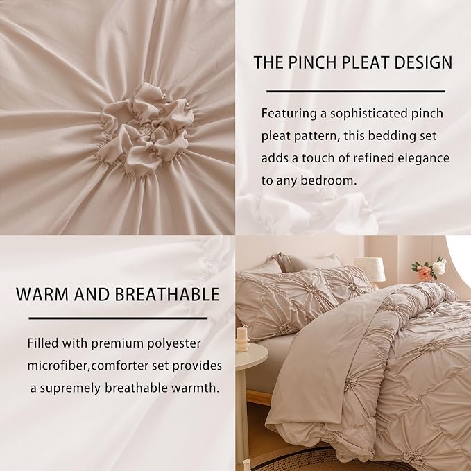 Nttopship Khaki Full Comforter Set - 7 Pieces Bed in a Bag, Premium Comforters Full Size Bed Set Pintuck Pinch Pleat Complete Comforter Set with Flat Sheet, Fitted Sheet and Pillowcases,Khaki
