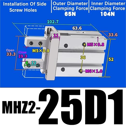 1PCS MHZ2 Pneumatic Finger Cylinder Parallel Gripper MHZ2-10/16/25/32/40D1/D2/D3 Side Thread Aluminium Clamps(MHZ2-25D1)