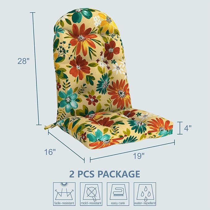 LVTXIII 2 Pack Outdoor Adirondack Chair Cushions, 44x19x4 Inch Water Repellent Patio Cushions for Rocking Chairs, Thick Tufted High Back Seat Cushion Set, Floral Multi