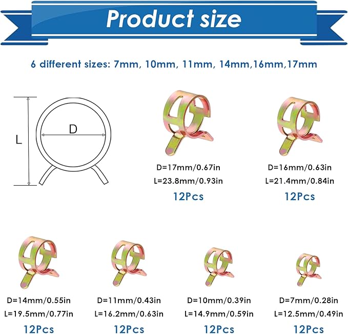 72Pcs Spring Hose Clamps Fuel Line Silicone Vacuum Hose Low Pressure Air Clamps & Sleeving Automotive Replacement Fastener Assortment Kit 6 Sizes (7mm 10mm 11mm 14mm 16mm 17mm)