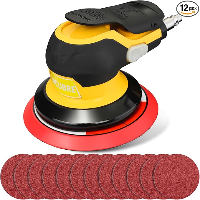 Low noise 5/6 Inch DA Sander for Auto Body - Lightweight, Powerful random orbital air sanders, Noise Reduction Design pneumatic sander (5 inch with 12 pcs Sandpaper)