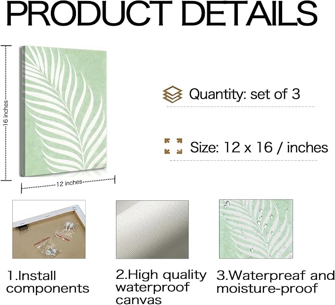 Framed Pink And Green Abstract Leaves Wall Art,Boho Botanical Canvas Wall Art Set of 3, Pink Hydrangea & Sage Palm Prints, Wall Decor for Girls Room Bedroom Living Room Bathroom, 12x16 Inch