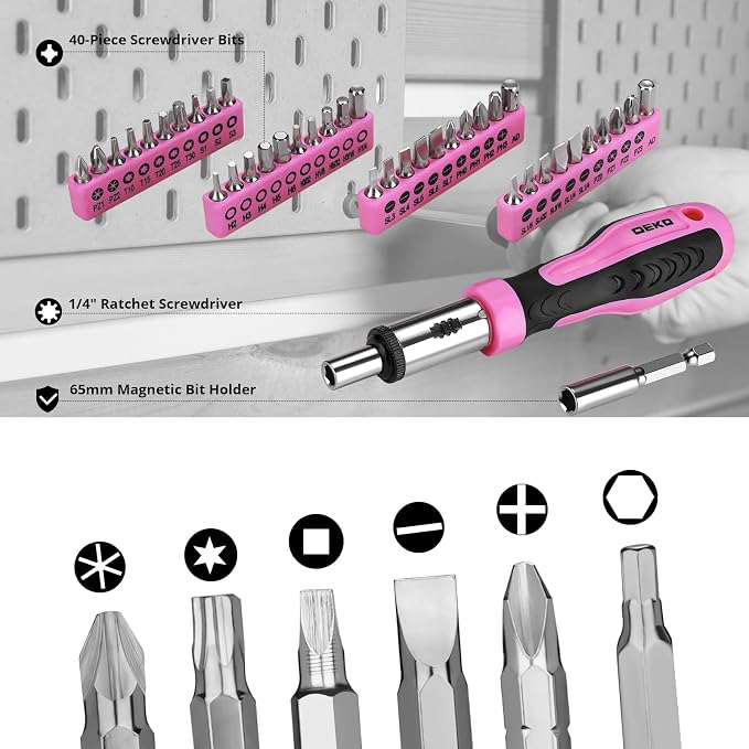 DEKOPRO Tool Set: 228 Piece Home Tool Kit, Household Basic Repair Tool Set Comes with Storage ToolBox, Socket Wrench Set for Car, Hand Tool Box Set for Home - Pink