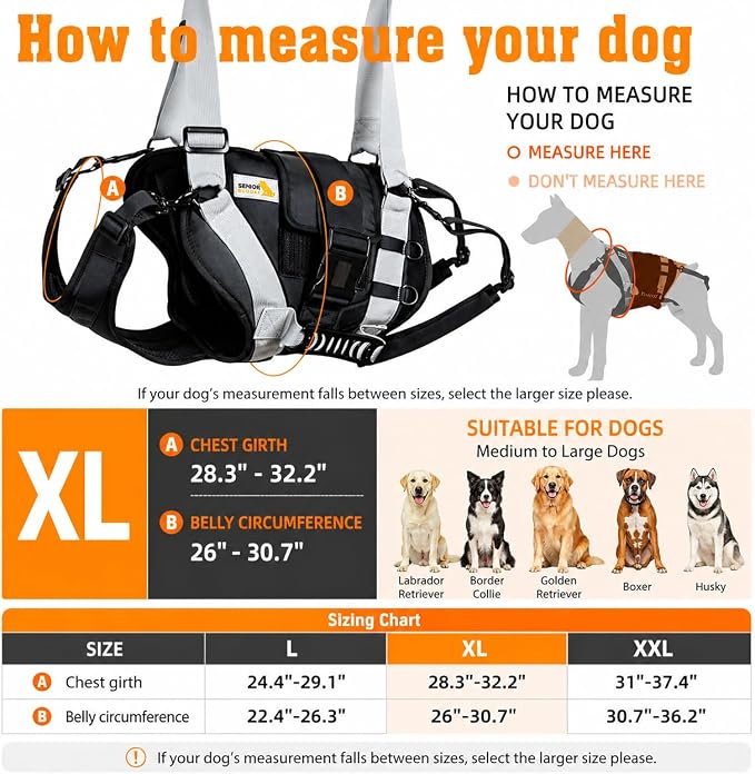 Dog Lift Harness for Large Dogs,Full Body Dog Sling Carrier, Black, XL | Help Support Big, Elderly Pet with Arthritis, Front/Rear Legs Assistance with Handle, for Lifting Injured Dogs Up Stairs
