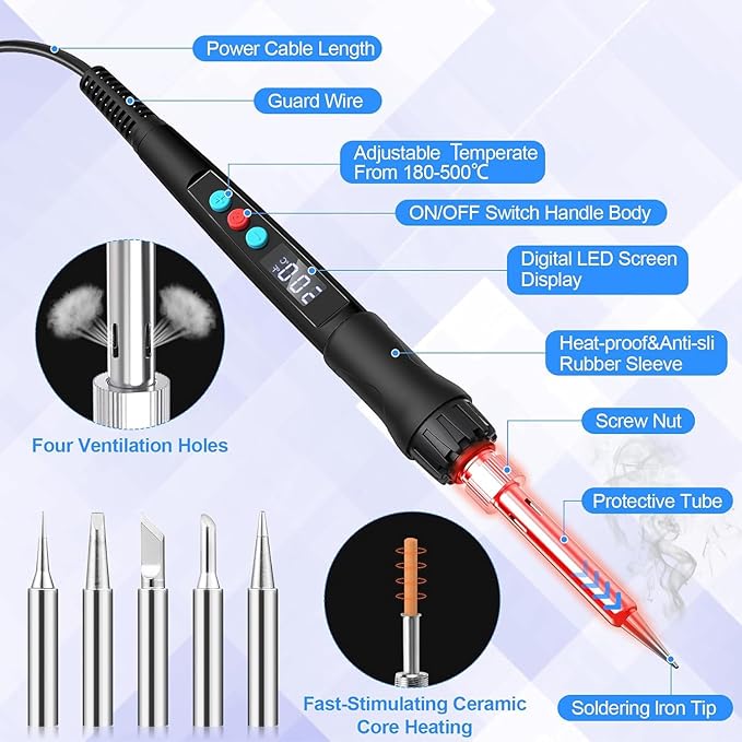 Soldering Iron Kit, 100W LED Digital Solder Gun kits with Ceramic Heater, Adjustable Temperature Welding Tools with Tips, Wick Braid, Stand, Solders Wire, Sponge, Flux Paste, Black