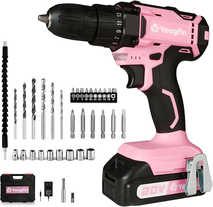 Cordless Drill Driver Set 20V Power with Battery Charger and Carrying Case, 25+1 Torque Electric Drill, Variable Speed, 266 In-lb, 3/8'' Keyless Chuck, 34pcs Driver Bit, for Women, Pink