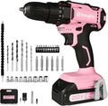 Cordless Drill Driver Set 20V Power with Battery Charger and Carrying Case, 25+1 Torque Electric Drill, Variable Speed, 266 In-lb, 3/8'' Keyless Chuck, 34pcs Driver Bit, for Women, Pink