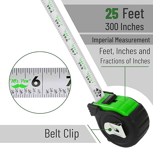 Mr. Pen- Retractable Tape Measure 25 ft, Green, Easy Read, Steel Retractable Measuring Tape with Fractions, Ideal for Construction & DIY Projects