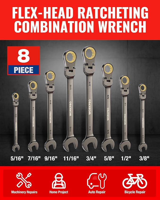 WORKPRO 8-piece Ratcheting Combination Wrench Set, SAE & Nickel Plating | SAE 5/16-3/4 in, 180° Flex-Head, 72-Teeth Cr-V Steel, Combination Wrench Set with Organizer Bag for Auto Repair & Home DIY