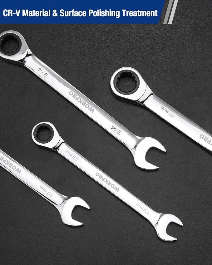 WORKPRO 13 mm Ratcheting Combination Wrench, Mirror Polish Chrome Plating | Premium CR-V Steel, 72-Teeth, 12 Point Design, Metric, For Home Projects, Motorcycle Repair, Garage Work, Plumbing, Machinery
