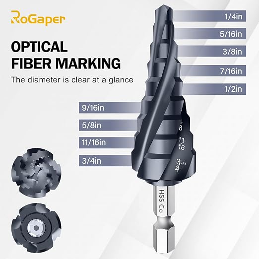 M35 Four Spiral Flute Cobalt Step Drill Bit, 1/4"-3/4" Wear-Resistant TiAlN Coated Four-Flute Step Bit, 1/4" Hex Shank Unibit Step Bit for Metal, Stainless Steel, Aluminum, Wood, Plastic