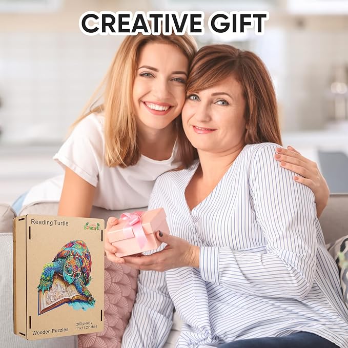 Bovearto Wooden Book Turtle Puzzle for Adults & Kids, Unique Shaped Ocean | Fun Family Game with Wooden Gift Box, Home Decor, 200 Piece (11"x11.2")