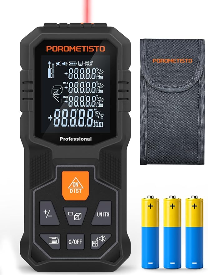 Laser Distance Meter POROMETISTO 164ft/50m, Digital Angle Finder, 12 Modes for Angle Area Volume Pythagorean Distance, ±2mm High Accuracy, Tripod Interface Design Handheld Digital Rangefinder