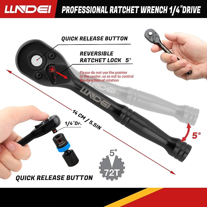 LLNDEI 1/4-Inch Drive Swivel Socket Set, 32Pcs Metric | SAE(5/32-9/16"), Wobble Sockets, 6 Point with Ratchet Wrench Handle, Extension Bars and Adapter, DIY mechanic & garage shop