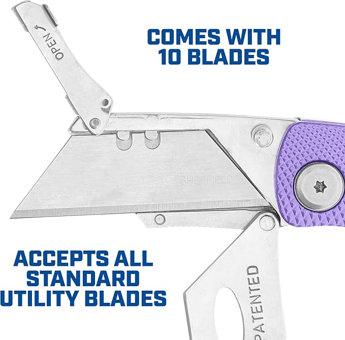 Sheffield 12353 Lock Back Utility Knife 3 Pack with 10 Blades, Quick Change Folding Box Cutter, Aluminum Handle Utility Knives with Pocket Clip, Pink, Purple & Light Blue