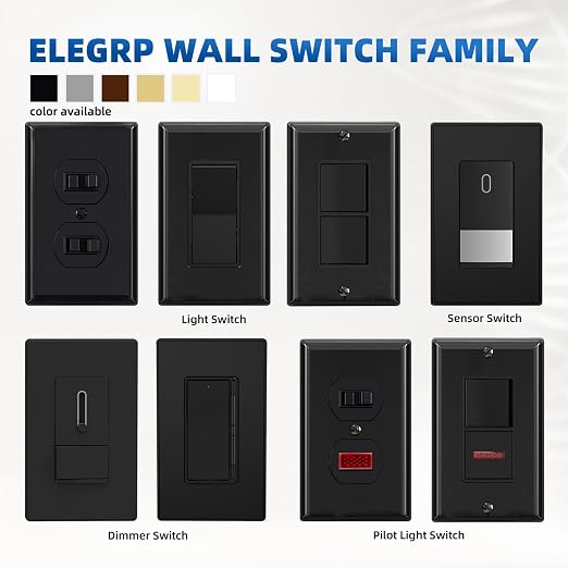 ELEGRP 3 Way Decorator Light Switch, 15Amp, 120-277 Volt, AC Rocker Paddle Wall Switch Replacement, Self-Grounding, Residential Grade, Screwless Wall Plate, UL Listed (5 Pack, Glossy Black)