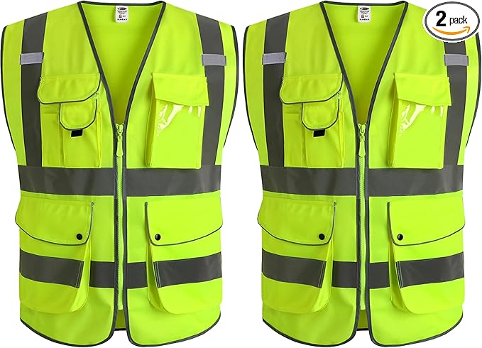 JKSafety 9 Pockets Class 2 High Visibility Zipper Front Safety Vest With Reflective Strips, Yellow Meets ANSI/ISEA Standards (Medium, Yellow) (Pack of 2)