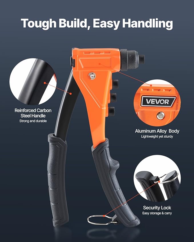 VEVOR Pop Rivet Gun Kit, with 200 Blind Rivets, Heavy Duty Single Hand Riveter with 4 Interchangeable Nosepieces, 4 Drill Bits, and a Carrying Case, Manual Riveting Tool for Metal, Automotive, Home
