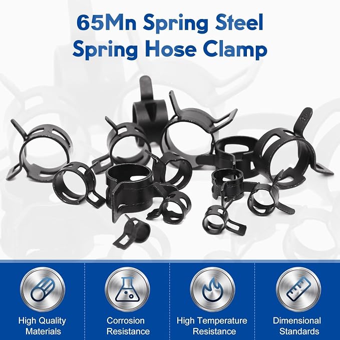 5pcs 0.35" ID Constant Tension Band Hose Clamps, 9mm Spring Band Type Action Hose Clamp Manganese Steel Fuel Line Clamp Low Pressure Air Clip Clamp for Fuel Hose Line Water Pipe Air Tube black