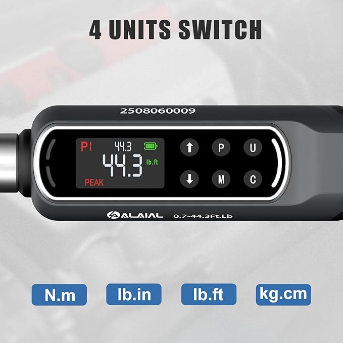 Digital Torque Wrench 3/8 Drive, 0.7-44.3 Ft.Lb ±2% Accuracy | LED Display, Buzzer&Vibration Alert, 2 Modes, 10 Presets&500 Data Logs, for Lug Nuts, Automotive, Motorcycle Repair