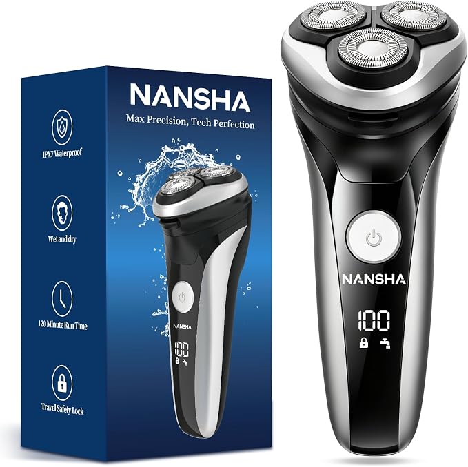 NANSHA Electric Razor for Men with Pop-Up Trimmer, 100% Waterproof Electric Shaver, Rechargeable Cordless Shavers for Men, Type-C, 120Mins Runtime, Plug & Play, Black (Black)
