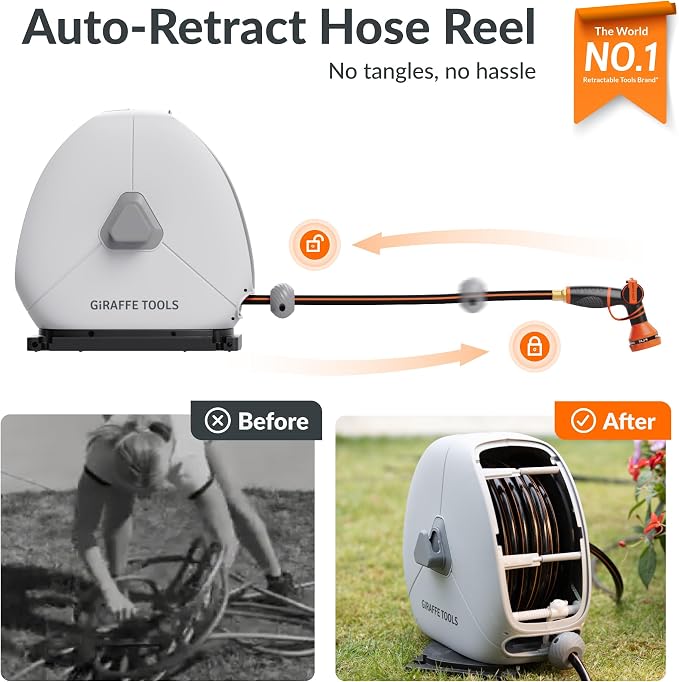 Giraffe Tools Retractable Heavy Duty Hose Reel, 1/2" x 82FT Automatic Rewind Garden Hose Reel with 360° Swivel Base, Ground Mounted for Lawn, Patio, Concrete Floor & Yard Watering