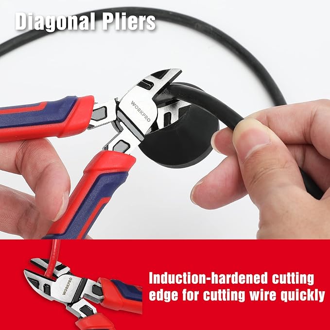 WORKPRO 4-Piece Pliers Set - Premium CR-V Construction Tool Set Including Long Nose, Diagonal Cutting, Groove Joint and Slip Joint Pliers - Red
