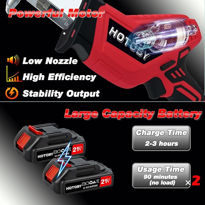 Reciprocating Saw, Cordless, Electric Reciprocating Saw with 2 Batteries, Includeds 8 Blades Kit, Tool-free Blade Change, Variable Speed, Multi-Purpose, For DIY Wood Metal PVC Cutting (Red)