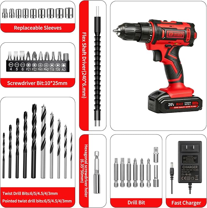 Cordless Drill Set,20V Drill Driver with Battery and Charger,3/8-Inch Keyless Chuck, Variable Speed,with Drills Bits Set,Red