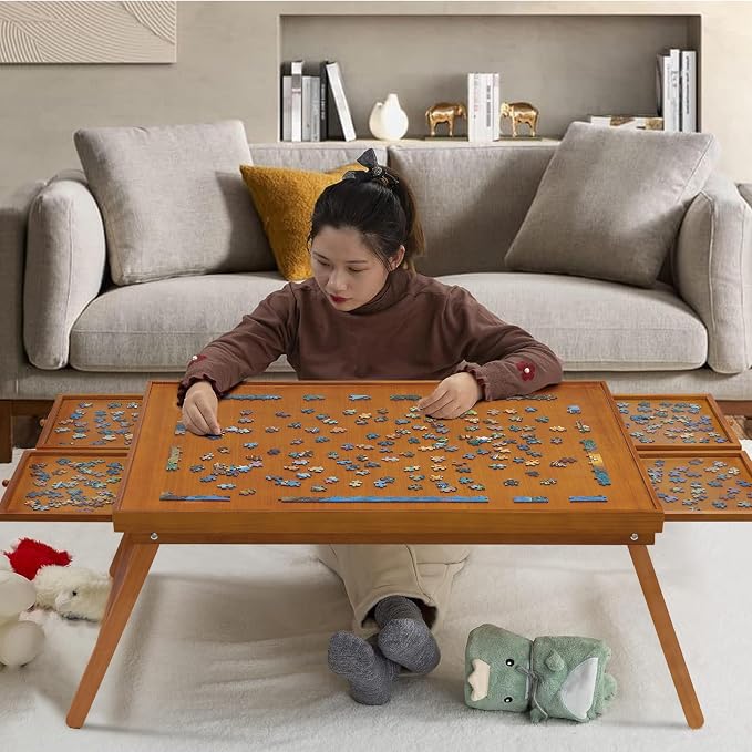 TEAKMAMA 1500Pcs Jigsaw Puzzle Table with 4 Drawers for Adults,Red Brown | Wooden Jigsaw Foldable Puzzle Board with legs,with Protective Cover,Multifunctional Game Table,34W x 26.3D