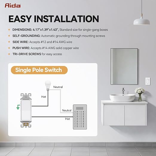 AIDA 1 Pack Single Pole Rocker Decora Light Switch, 15 Amp Self-grounding Electrical Light Switches, Residential Grade, UL Listed, Glossy White