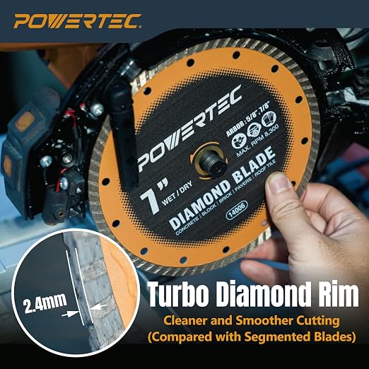 POWERTEC 7" Turbo Diamond Saw Blade for Wet Tile Saw, Diamond Blade for Cutting Concrete, Granite, Brick, Paver, Roofing Tile, 7 inch Diamond Blades for Wet/Dry Cutting, 1 Pack (14006)