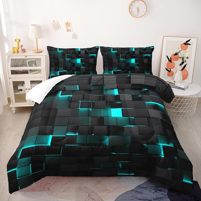 Geometric Turquoise Black Comforter Set,Light Honeycomb 3 Piece Bedding Set Twin Size for Teen Boys,Modern Quilt Set Geometry Decor,Microfiber Lightweight 1 Comforter 2 Pillowcases All Season