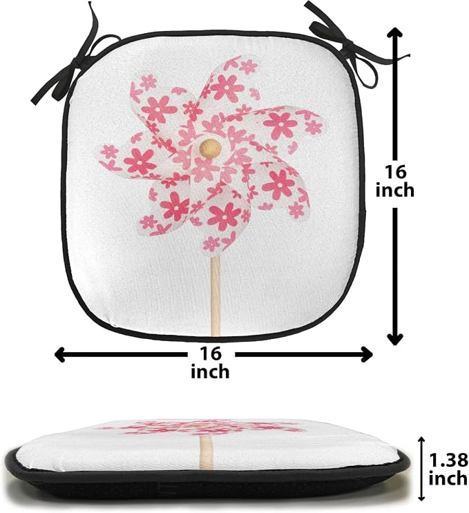 Lunarable Pinwheel Chair Cushion Pads Set of 6, Pinwheel Paper Power Wood Cheering Color Pin Freedom Happiness Family Time, Anti-Slip Seat Padding for Kitchen & Patio, 16"x16", White Coral Rose