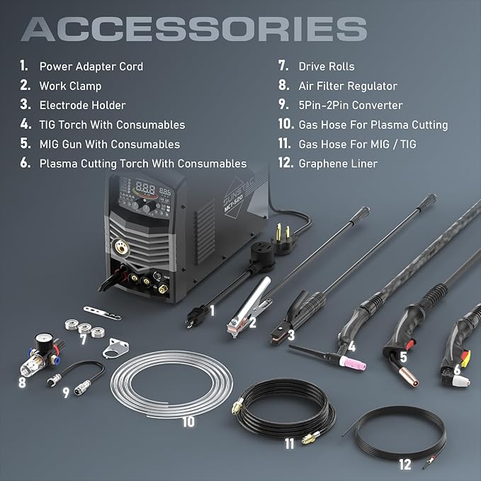 Sunstac 5 in 1 Plasma Cutter and Welder Combo, CUT/TIG/MIG/Flux MIG/MMA, 50A Plasma Cutter, 200A TIG and MIG, 180A STICK Welder, 110/220V Dual Voltage Multi-Functional Welder