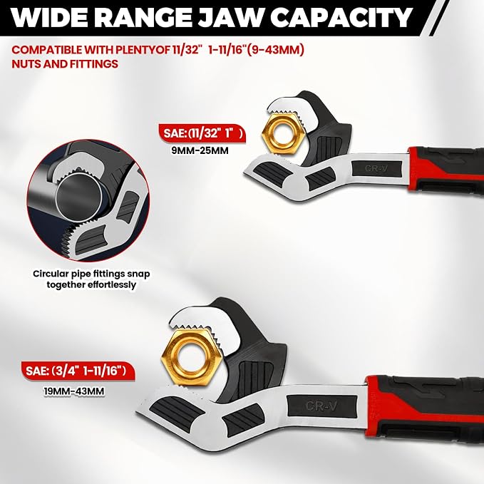 2 Pack 8" & 12" Self-Adjusting Pipe Wrench Set | Quick Self-Adjusting: Auto-Grips 3/8" To 1-11/16" Pipe Fittings; Durable Cr-V Steel Build with Non-slip Grip for Plumbers.