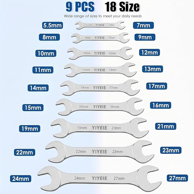 YIYEIE 9Pcs Super-Thin Wrench Set, 3mm Ultra-Slim Open End Wrench Set | Metric 5.5, 7, 8, 9, 10, 11, 12, 13, 14, 15, 16, 17, 19, 21, 22, 23, 24, 27mm, CR-V Steel, Flat Wrenches with Mirror Finish