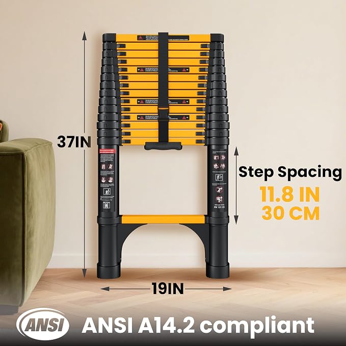 SINMEIRUN Telescoping Ladder, 14.5 FT, Aluminum Extension Ladder, 330 lbs Capacity, Collapsible Multi-Purpose Ladder for Home, Roof and RV; Yellow