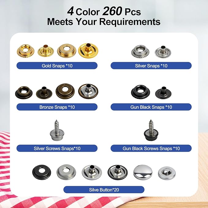Heavy Duty Snap Fastener Tool Kit with 5 Dies and 15mm Metal Snaps, 266 PCS 4 Color Stainless Steel Snap Tool Set, All-in-One Fastener Repair for Boat Covers, Awnings, Denim, Leather, Canvas