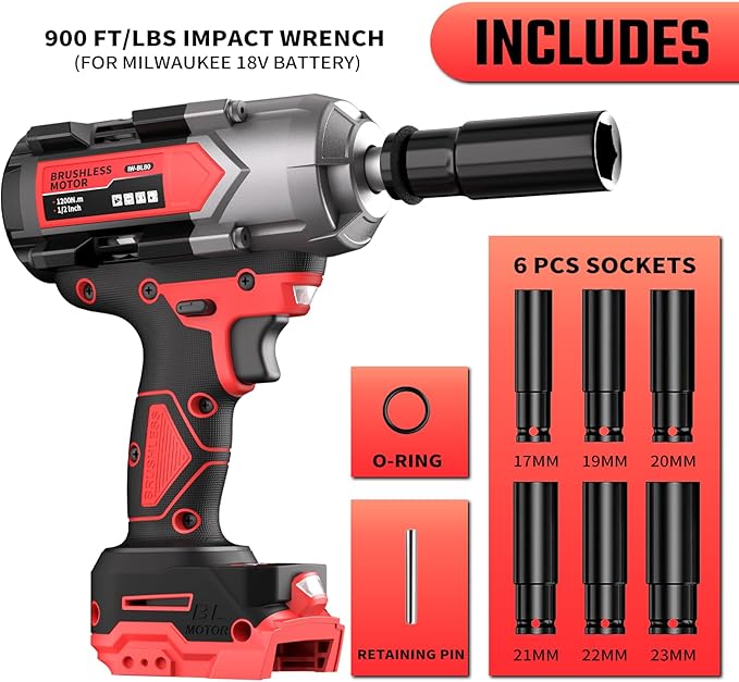 VERVEWAVE 1200N.m Impact Wrench for Milwaukee 18V Battery (no battery), 1/2” Cordless Impact Gun, 900Ft-lbs Electric Impact Driver with 3-Speed Control, 6 Pcs Impact Sockets Included, Tool Only