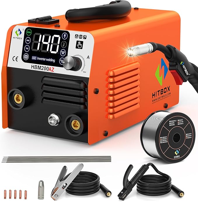 HITBOX 140A Mig Welder Machine 110v 3 in 1 Flux Core Welding/Lift TIG/Stick Gasless Wire Maquina de Soldar Upgraded Handheld Welder Gun Welding Kit High-End Chip with IGBT Inverter LED Display