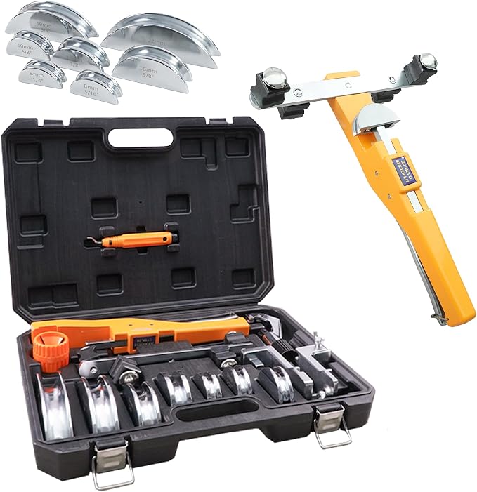 Ratcheting Pipe Tube Bender Set 1/4" to 7/8" O.D., 90° Forward & Reverse Bending Tool W/ 7 Dies, Pipe Cutter & Deburring Tool, Portable Case for HVAC, Refrigeration, Plumbing & Hydraulic